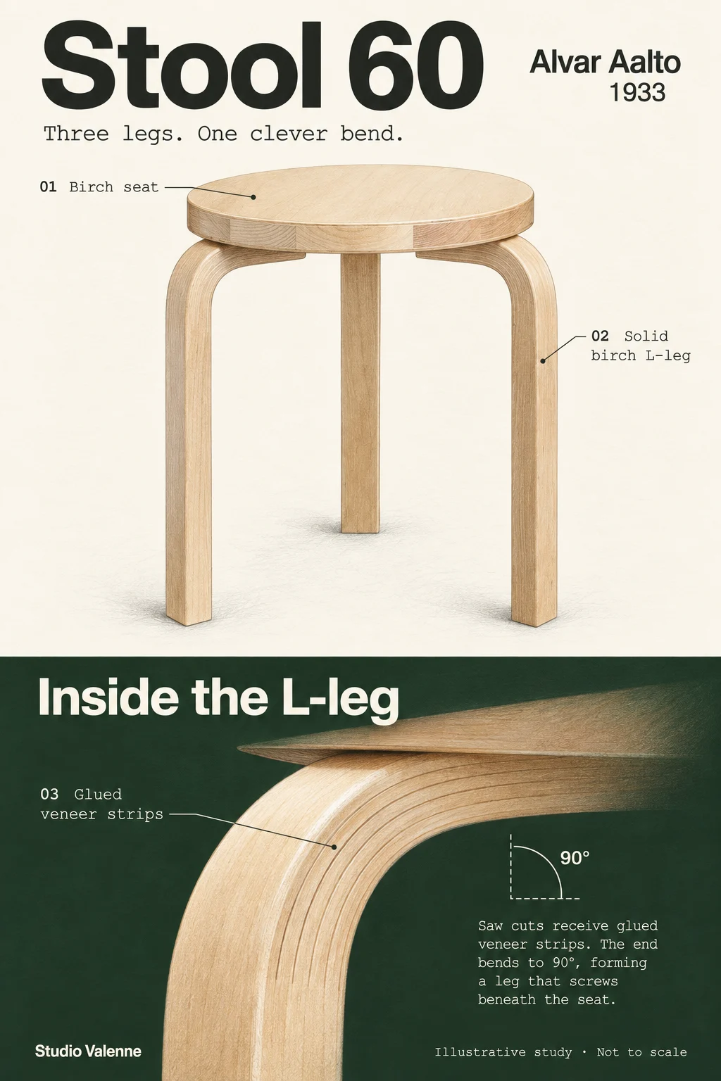An illustrated study of Alvar Aalto’s three-legged birch Stool 60 and its curved L-leg.