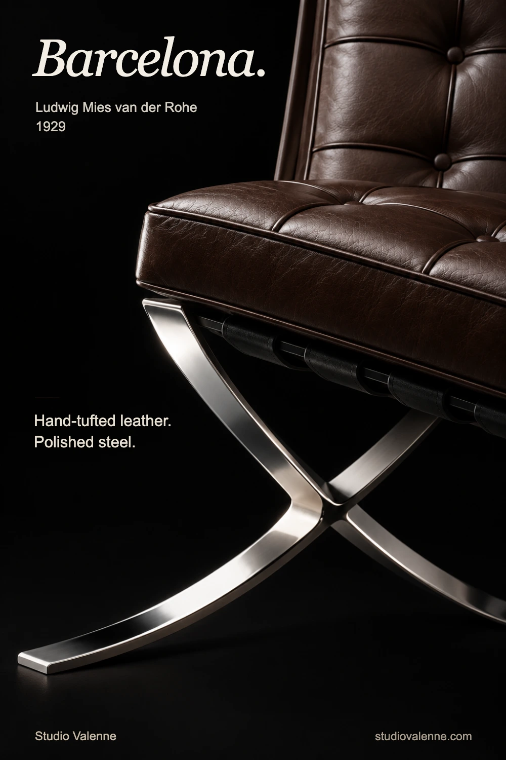 Studio Valenne’s dark Barcelona Chair poster, closely cropped on brown button-tufted leather and the polished, curved flat-steel frame.