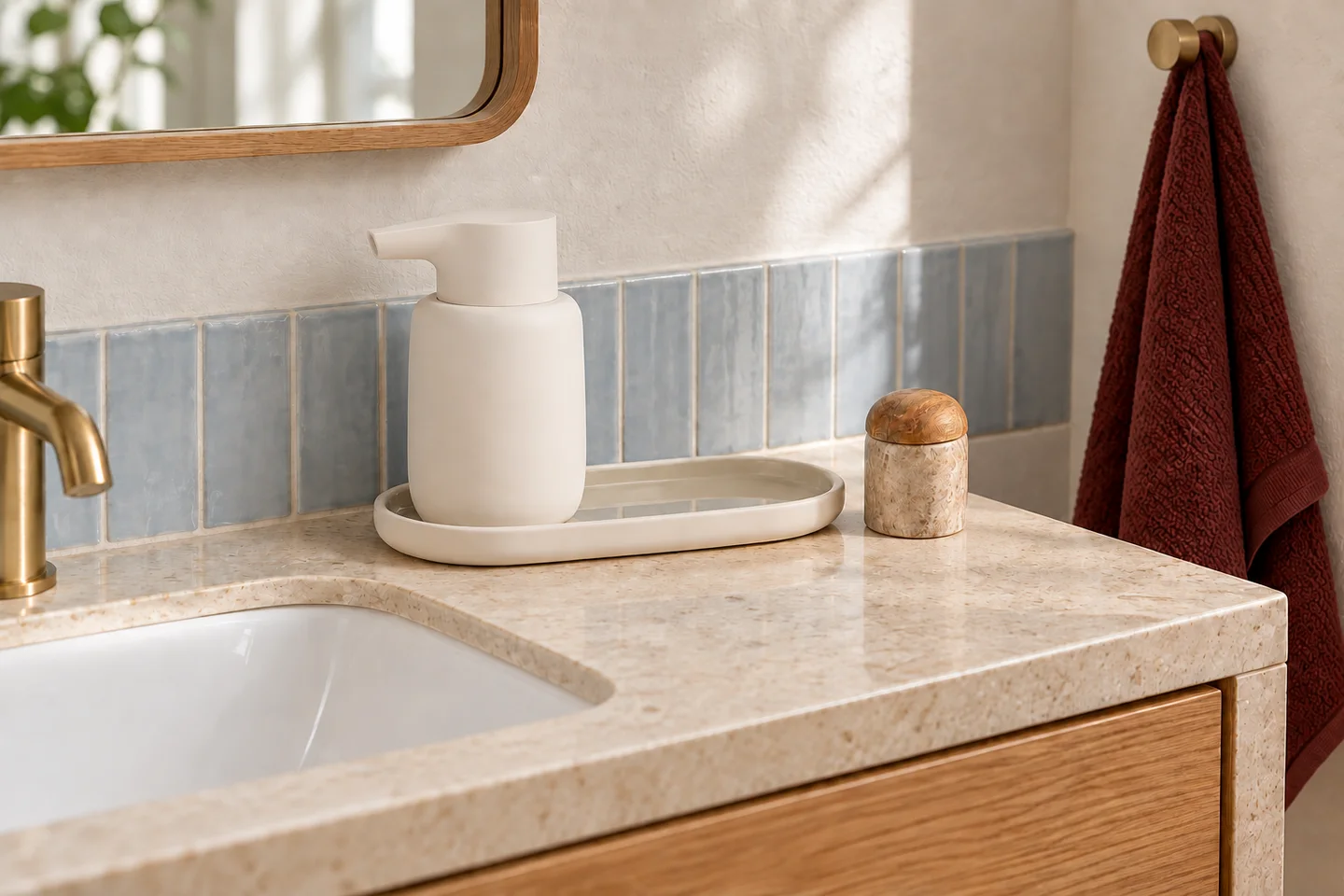 A warm modern bathroom with a stone vanity, tactile materials and carefully arranged everyday objects.