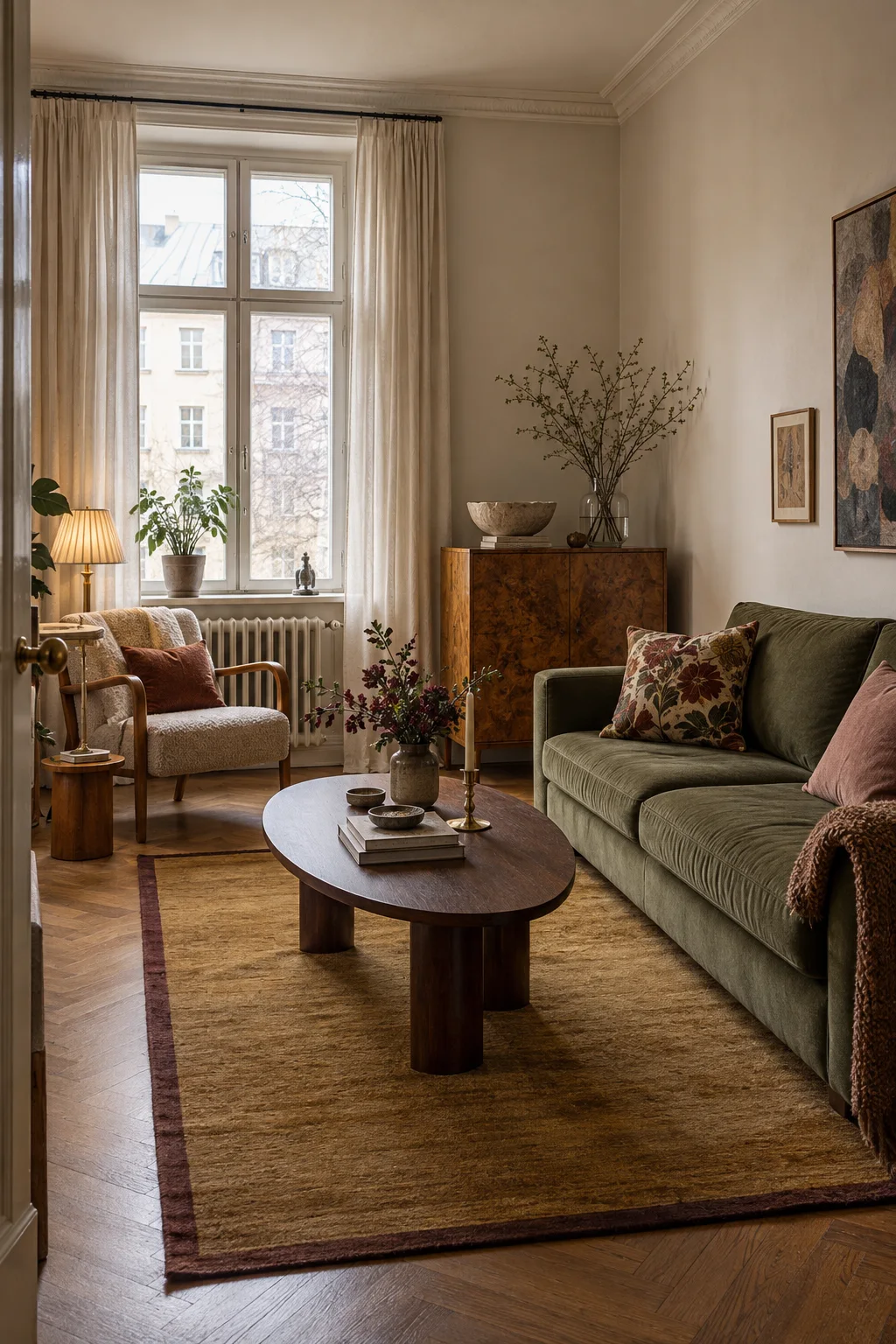 Olive velvet sofa, warm wood and a patterned rug in a sunlit living room.