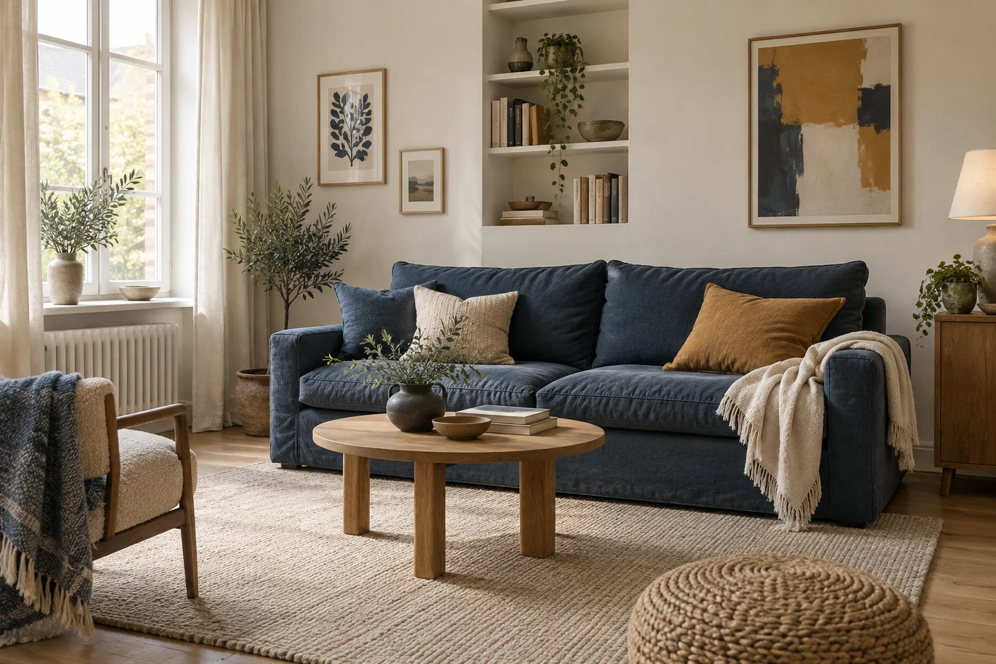 Cream living room with a deep blue sofa, ochre cushion and ochre artwork.