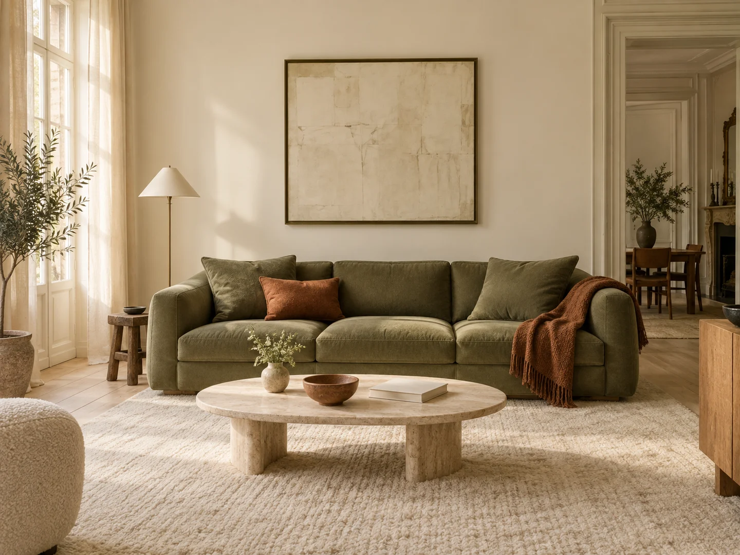 A cream living room with an olive sofa and rust accents.