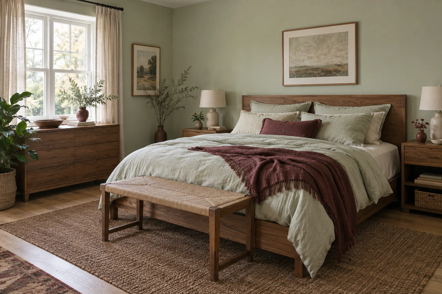Sage bedroom with warm wooden furniture, burgundy throw and burgundy cushion.