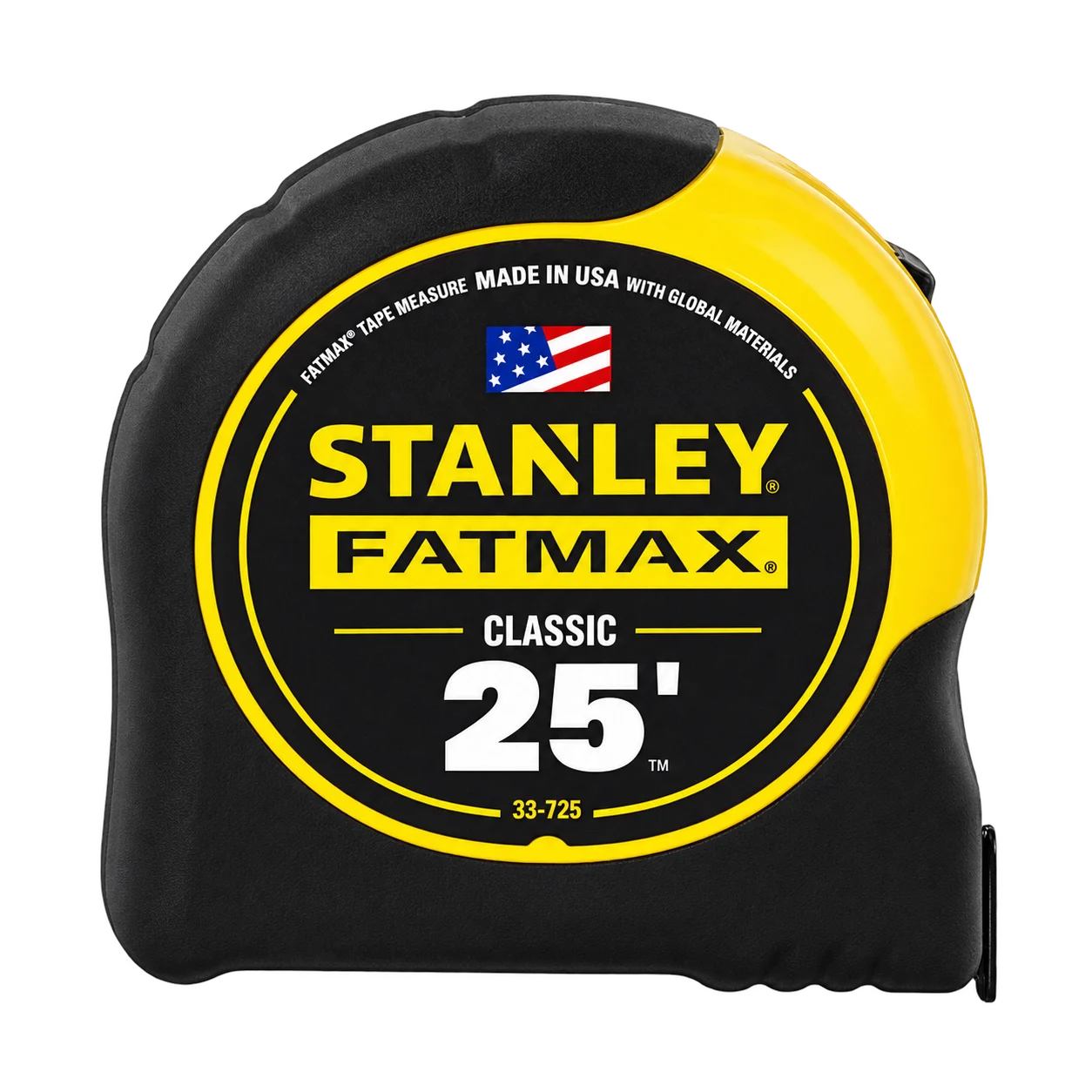 Black and yellow STANLEY FATMAX Classic 25-foot tape measure