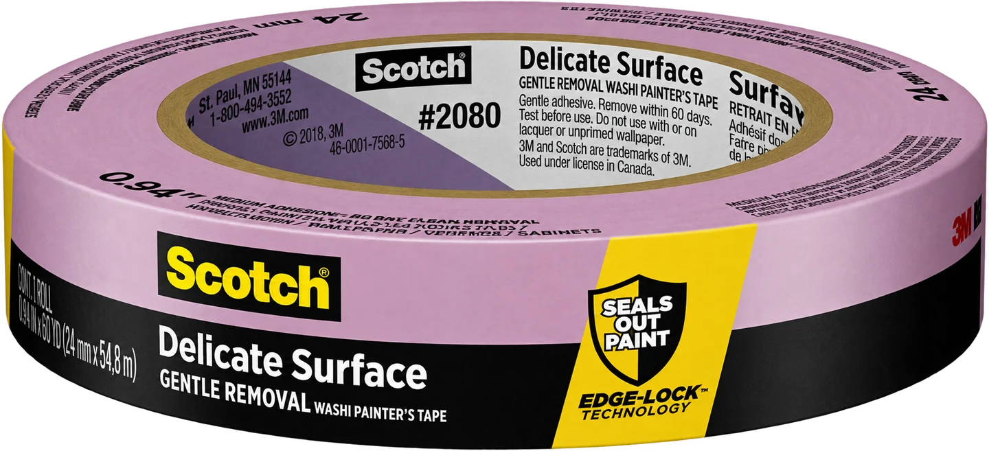 Scotch #2080 Delicate Surface Gentle Removal Washi Painter's Tape in light purple, shown as a single roll. Label features yellow and black branding with Edge-Lock Technology and Seals Out Paint badges.