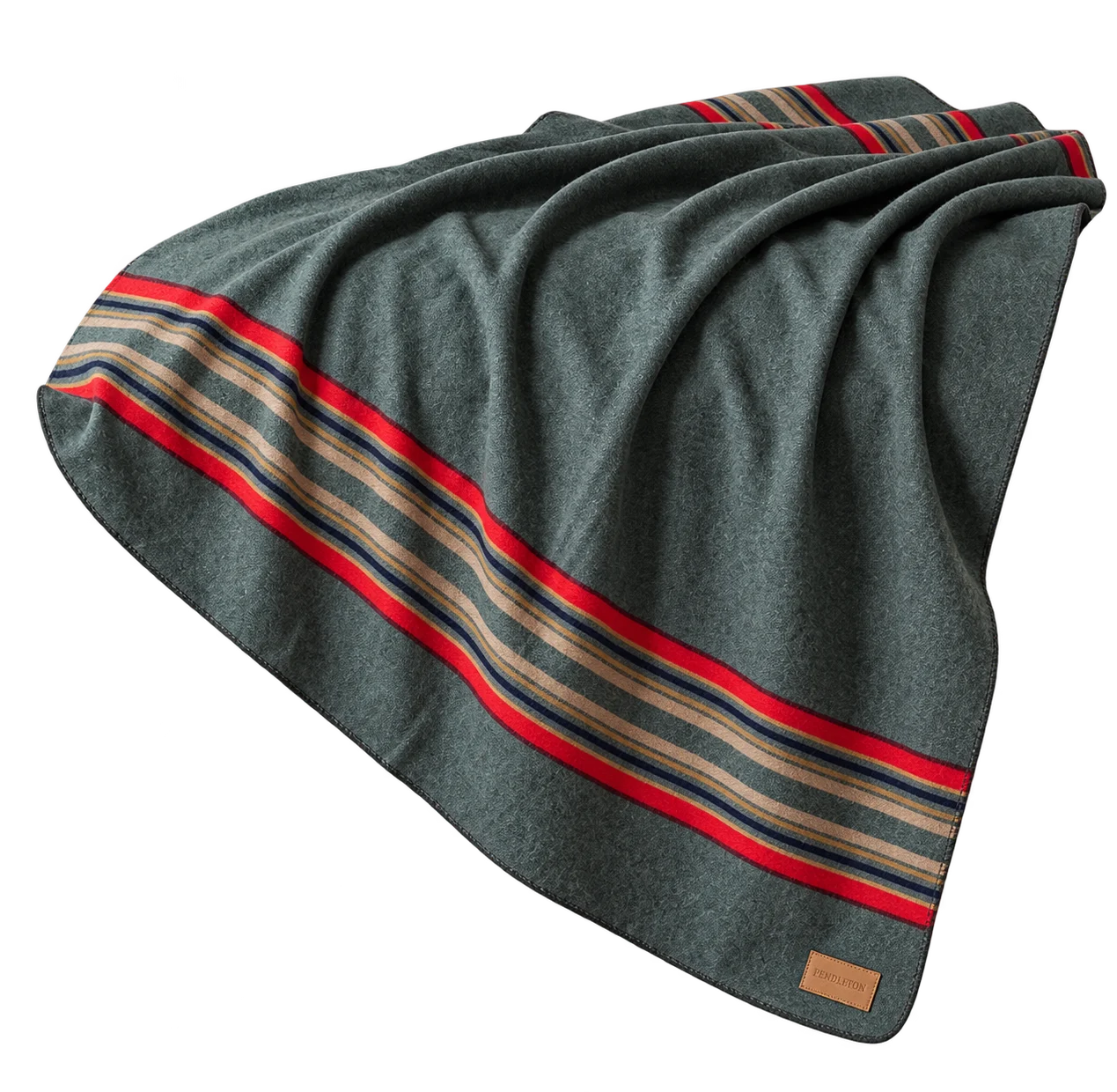 Green Pendleton Yakima throw with red, tan and black stripes