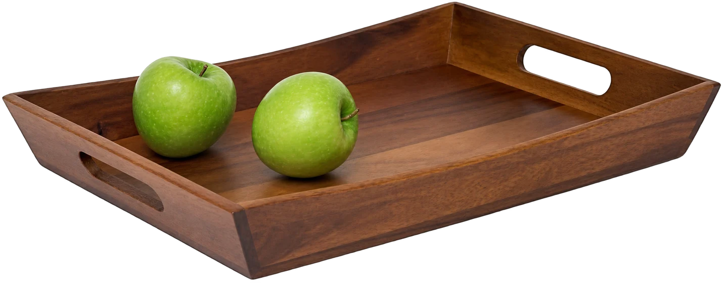 Acacia serving tray with raised sides, handles and two green apples