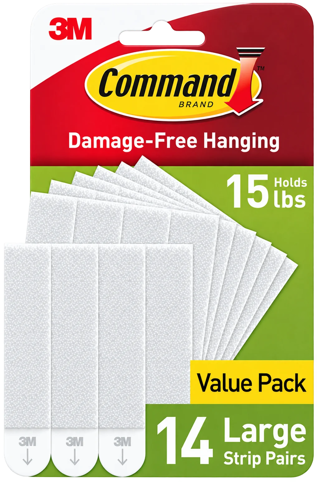 3M Command Brand Damage-Free Hanging large adhesive strip pairs, white, shown fanned out. Packaging states holds 15 lbs, Value Pack with 14 Large Strip Pairs.