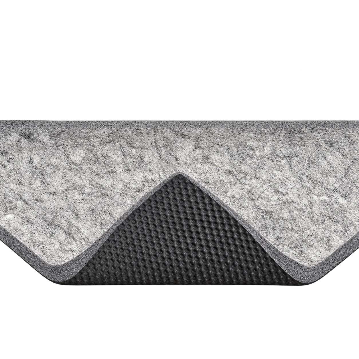 Grey felt rug pad sample with folded black rubber underside