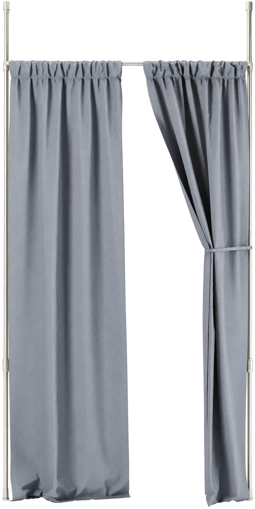 Nickel tension-pole curtain divider with two grey fabric panels, one tied back