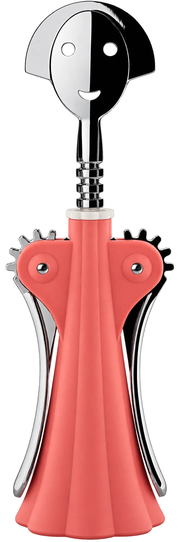 Alessi Anna G. corkscrew with a coral-pink flared body and polished silver-toned lever arms. The top features a stylized face with a smiling expression on a rounded chrome head, with a spiral worm screw in the center.