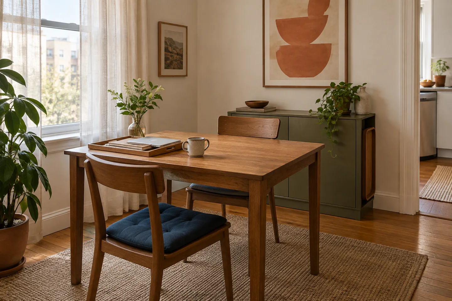 room concept illustrating dining and working in the same small room.