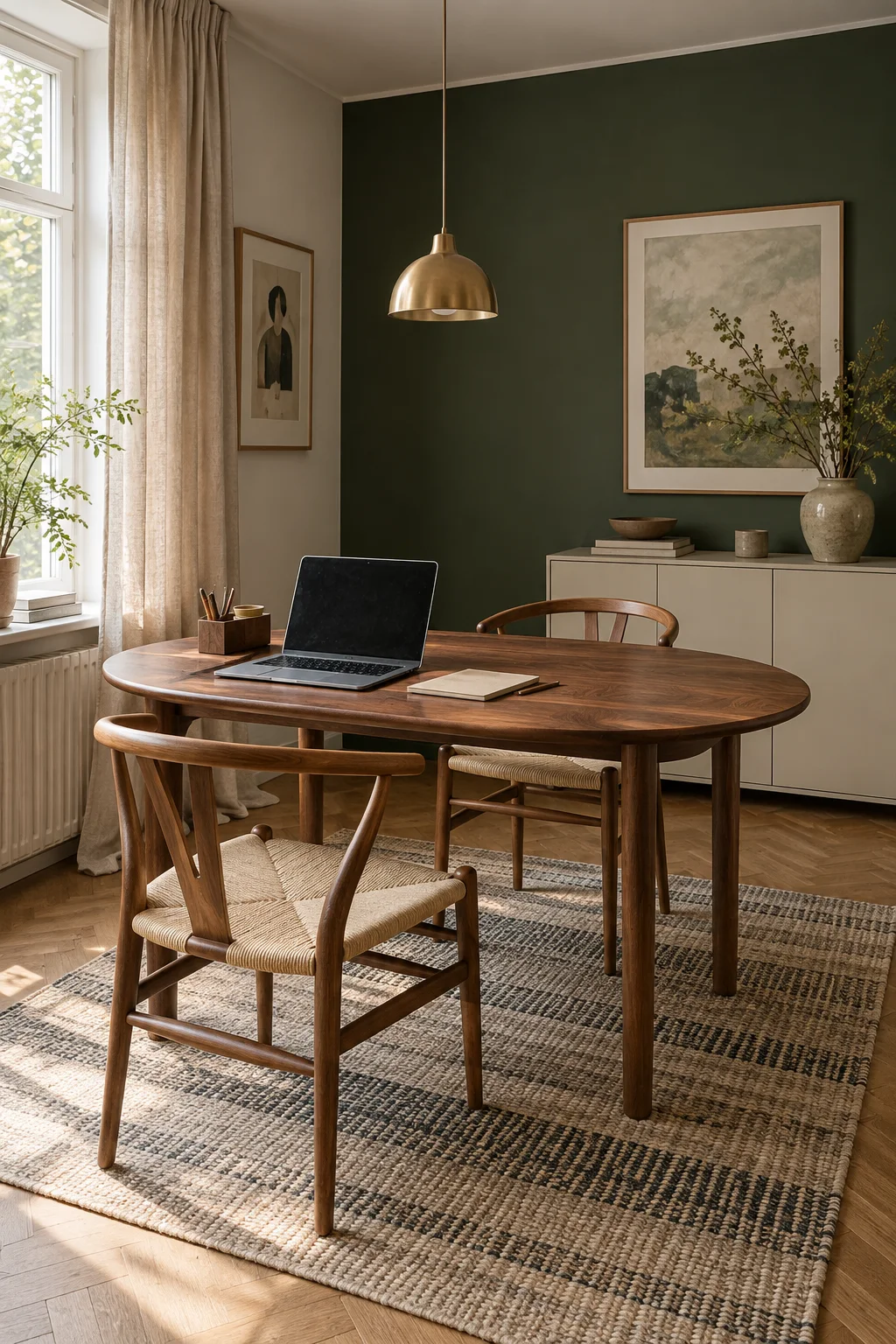 Walnut dining table and woven chairs against a forest green wall.