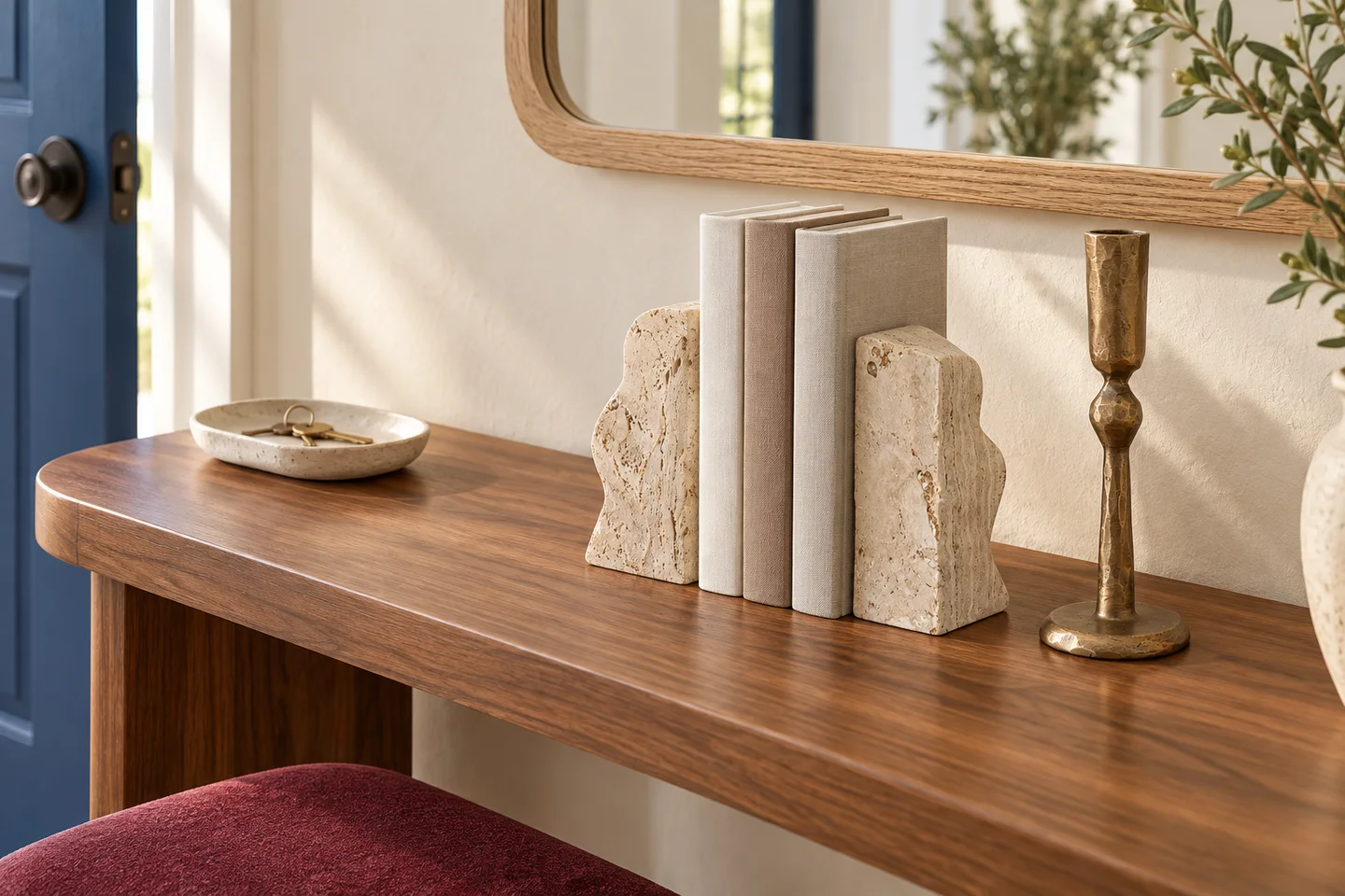 A contemporary entryway with a wooden console and a restrained arrangement of sculptural objects.