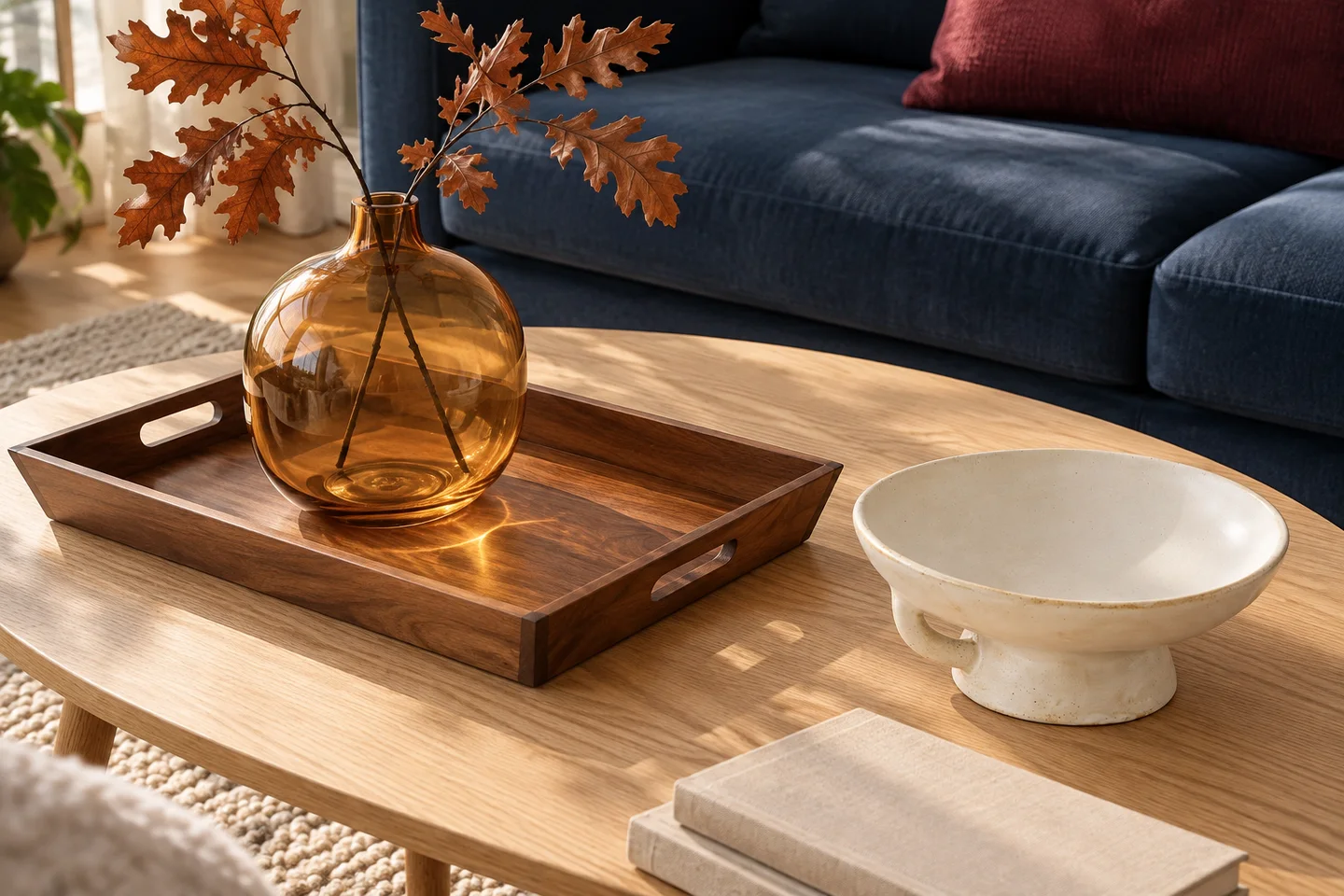 A contemporary autumn living room with a low coffee table, sculptural objects and warm seasonal accents.