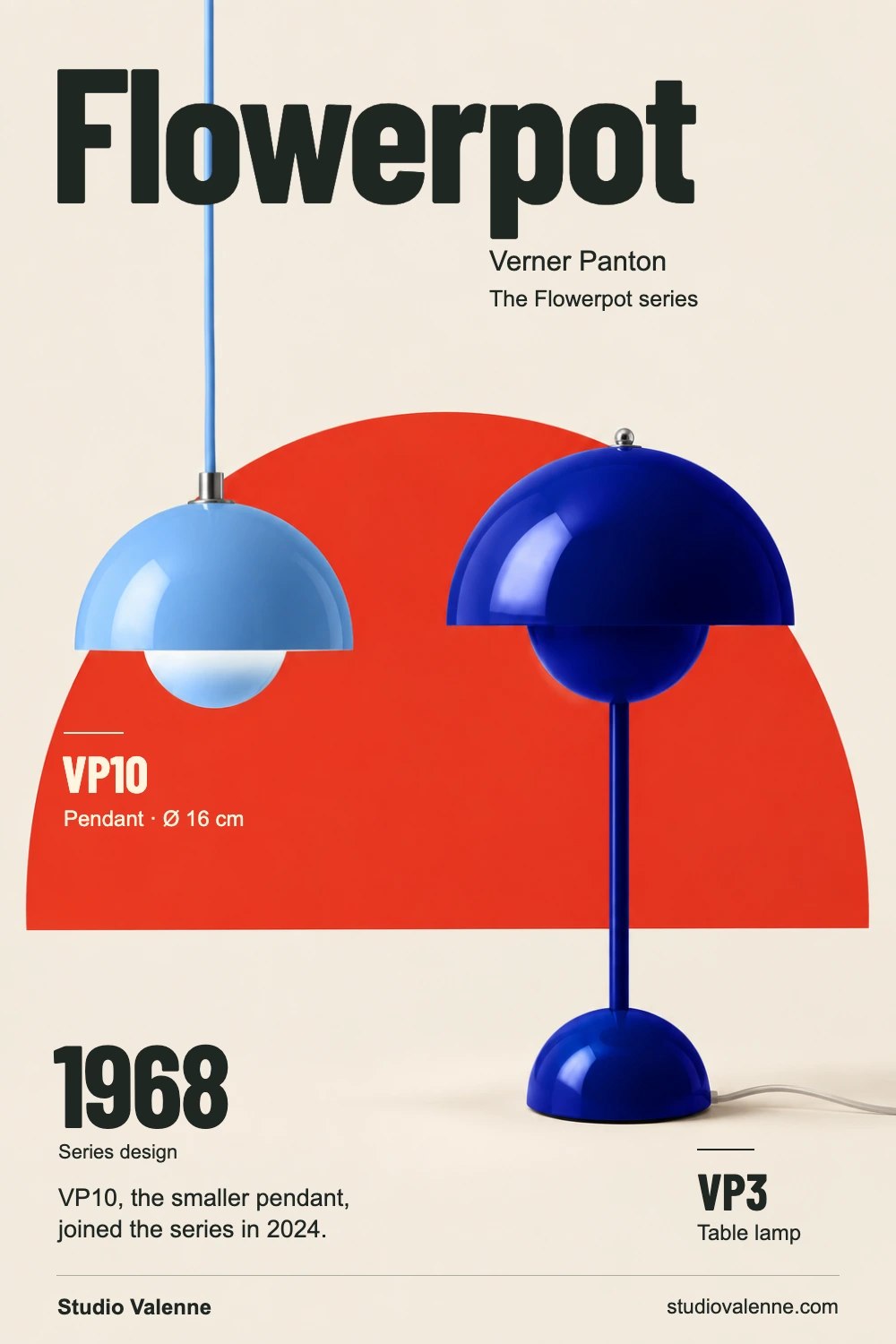 Studio Valenne poster pairing a cobalt Flowerpot VP3 table lamp with a light blue VP10 pendant against warm paper and a red semicircle.