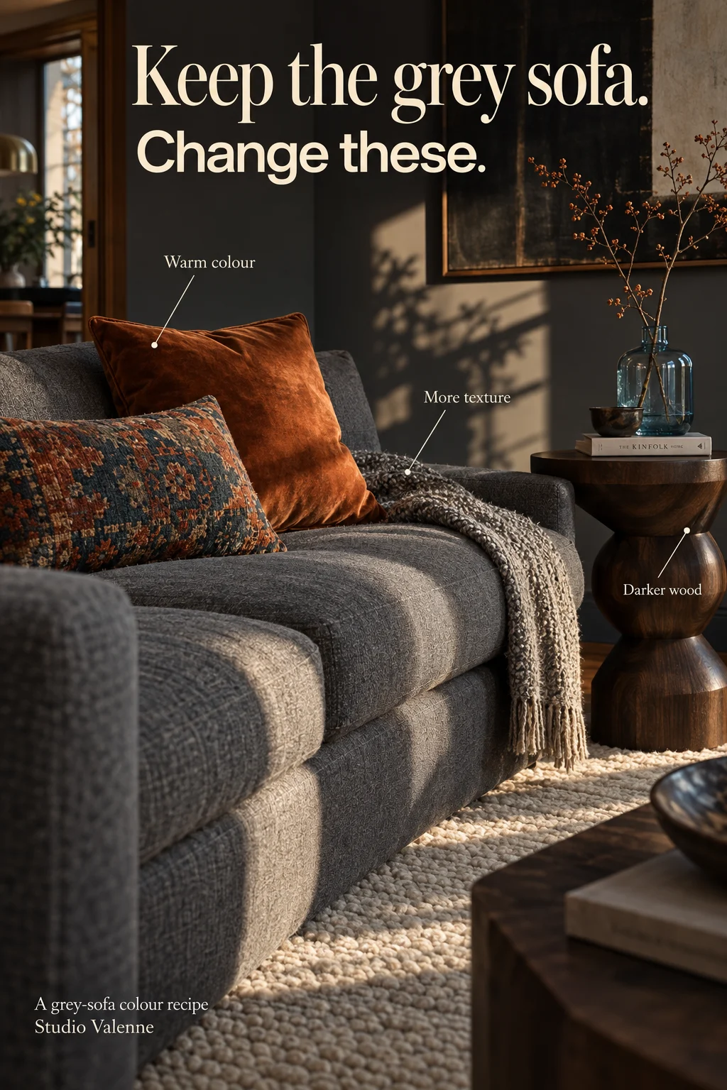 Keep the grey sofa: warm colour, texture and wood