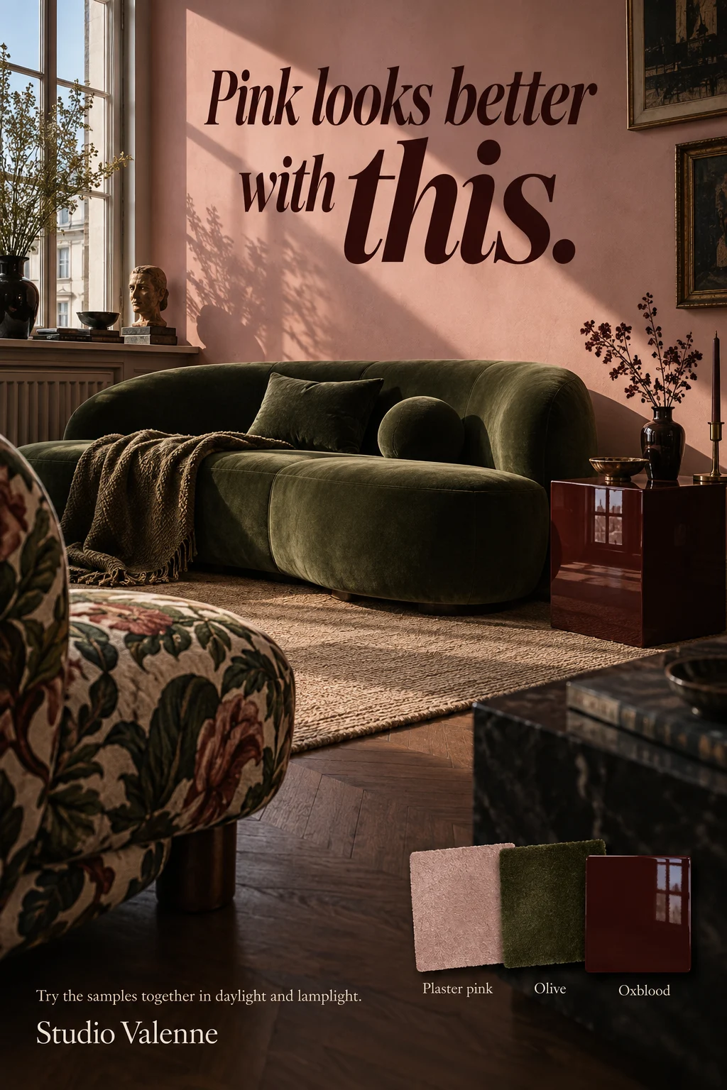 Olive, pink and oxblood: a room palette to try