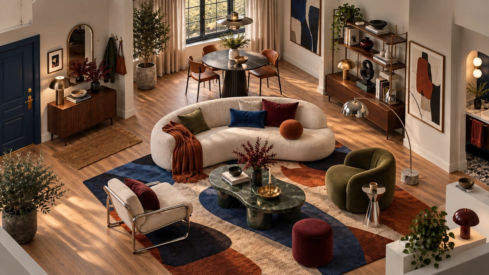 A warmly lit living room seen from above: a curved cream sofa, olive velvet chair, green marble coffee table, geometric rug and walnut shelving.