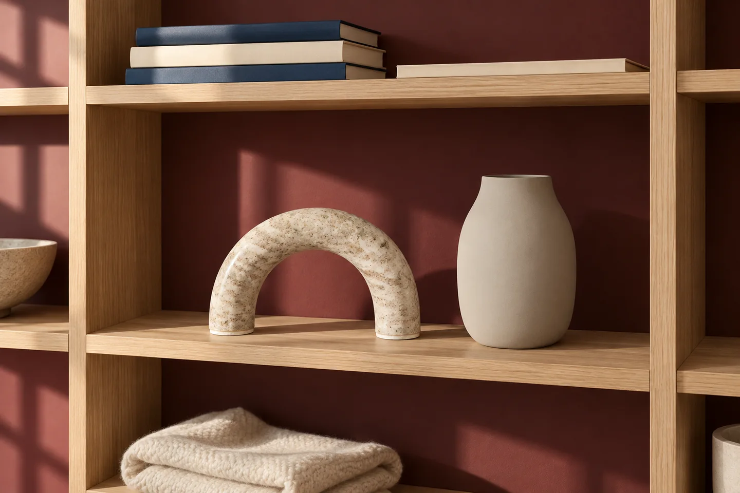 A contemporary shelf arrangement with books, sculptural objects and open space.