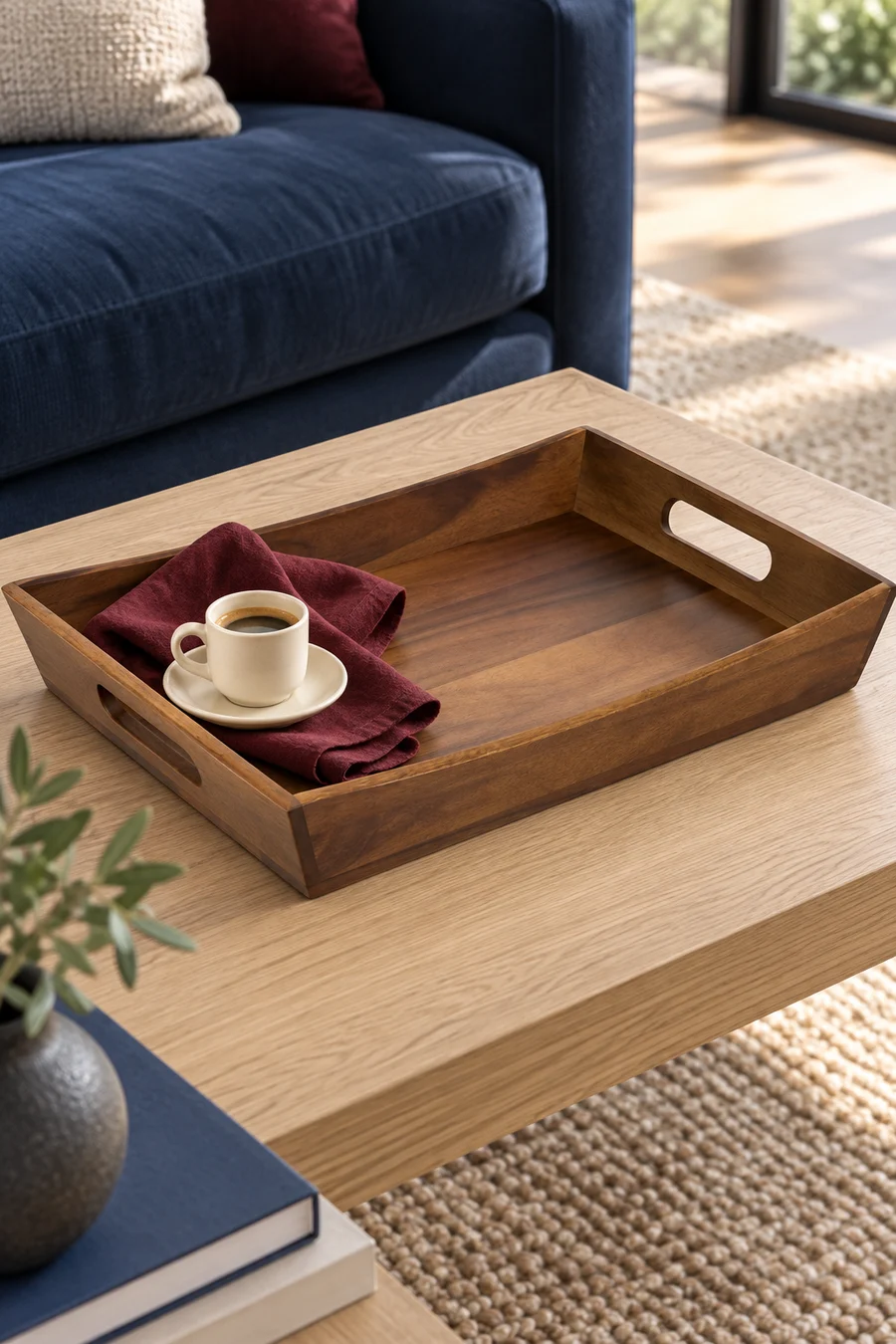An acacia tray with integral cutout handles styled on a contemporary coffee table.