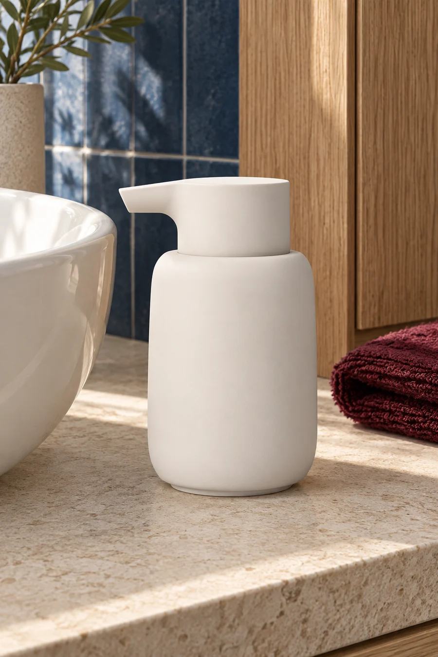 A cream SONO soap dispenser with a matching broad pump beside a bathroom sink.