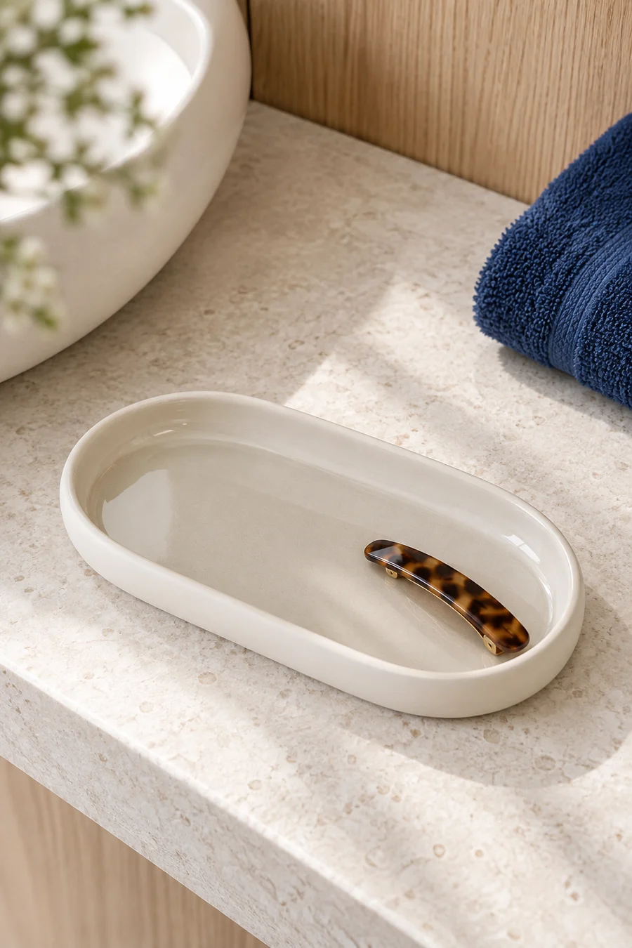 A shallow cream oval SONO tray arranged on a bathroom counter.