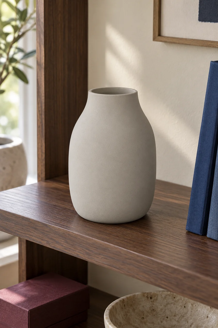 A small matte neutral vase on a wooden shelf.