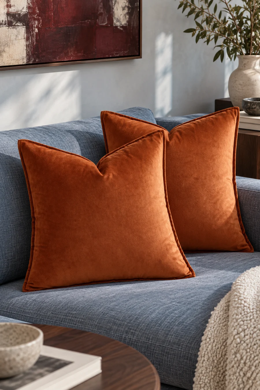 A rust velvet cushion with a narrow flange edge on a contemporary sofa.