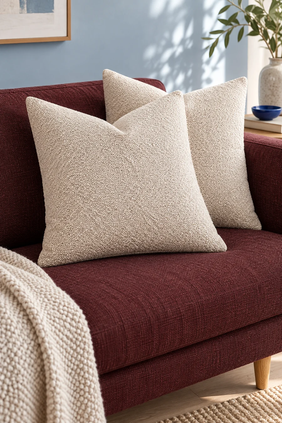 A textured beige bouclé cushion on a contemporary sofa.