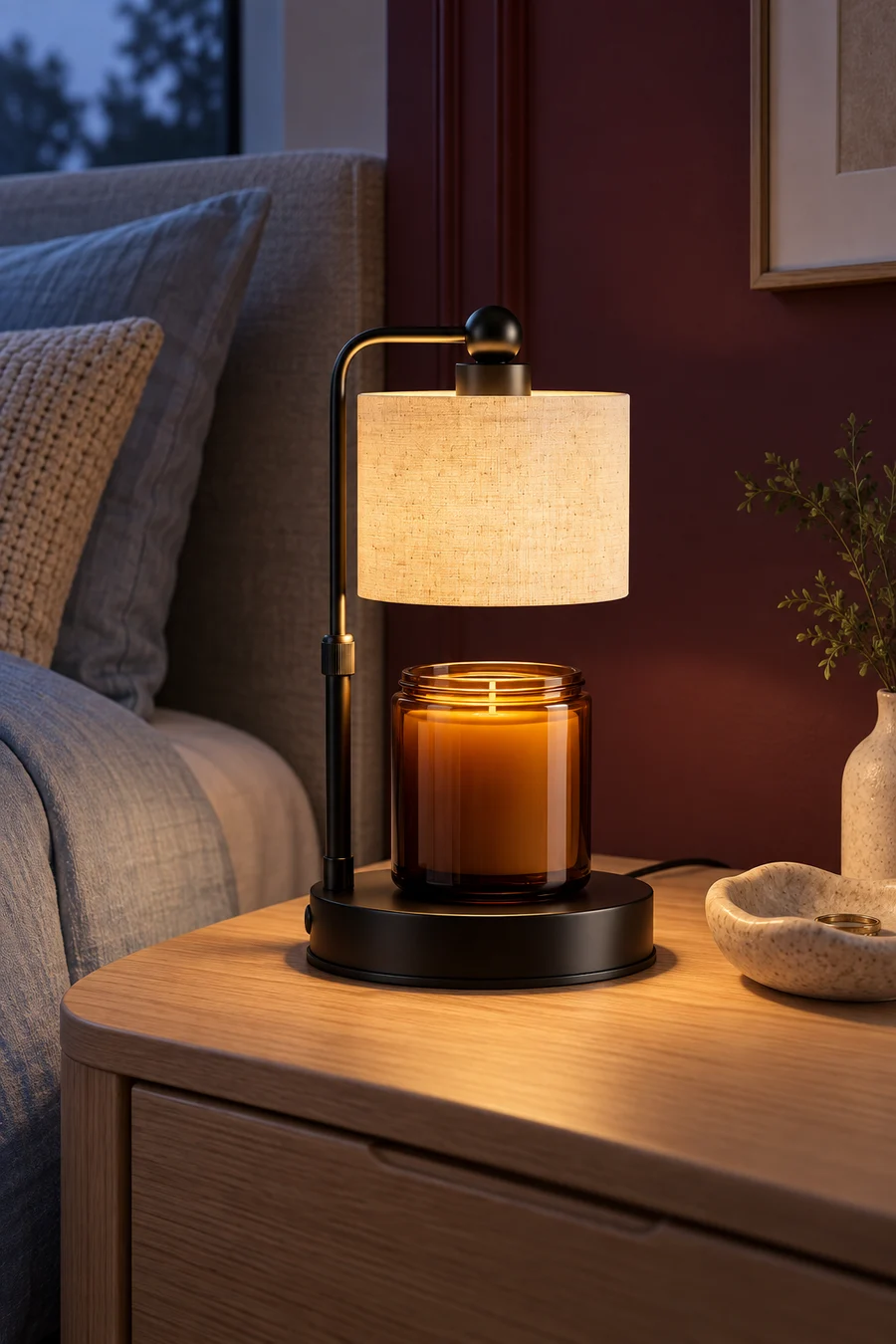 Flaxen candle warmer styled on a bedroom surface.