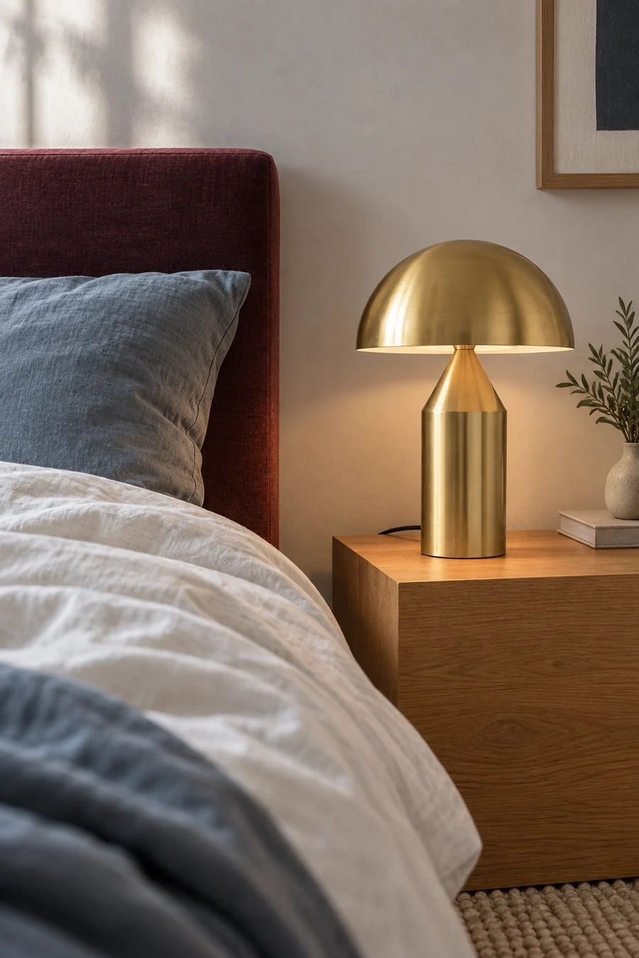 Brass-finish mushroom table lamp in a contemporary interior setting.