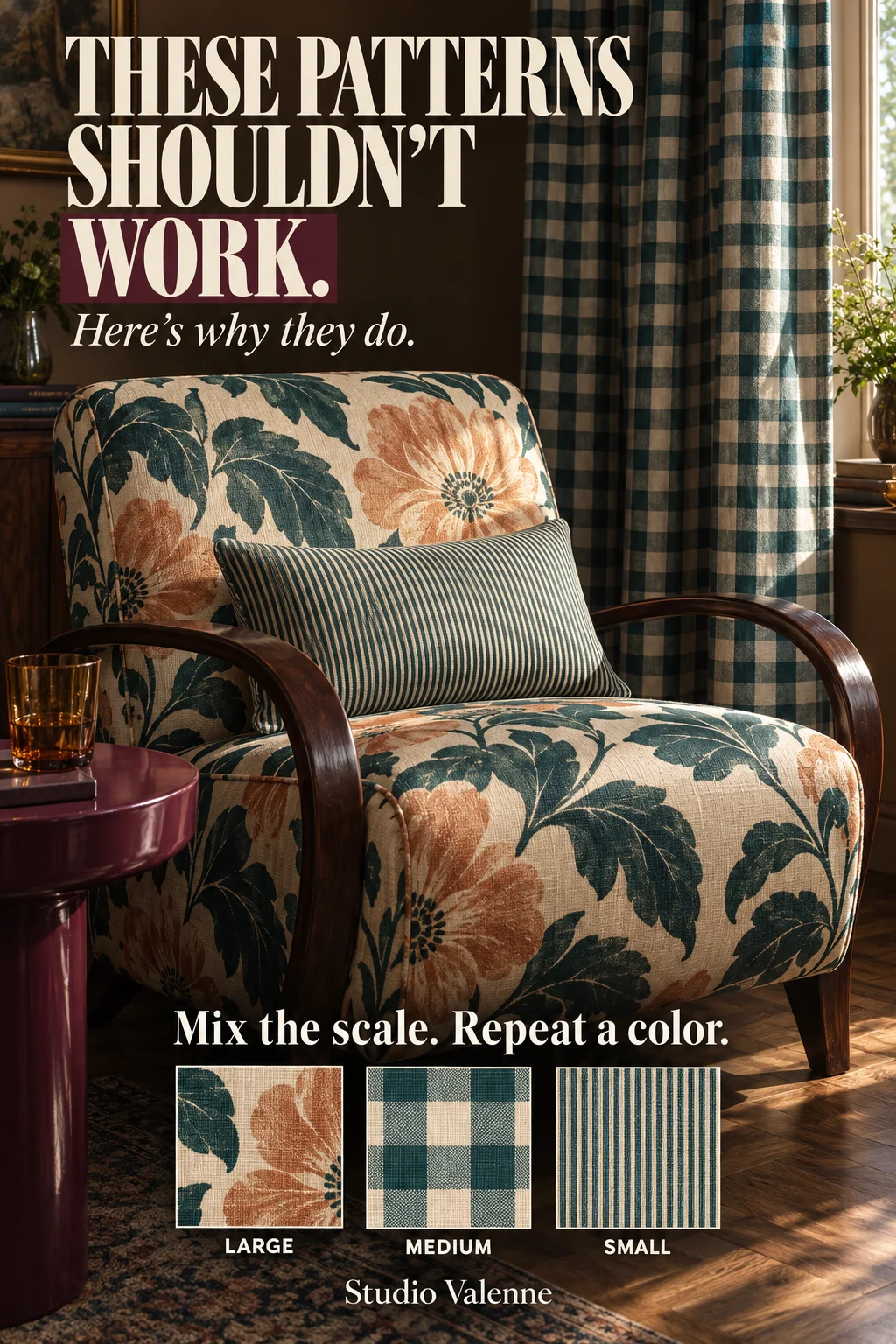 A floral armchair, checked curtains and a fine-striped cushion share deep teal tones in a sunlit room. The headline reads These patterns shouldn’t work. Here’s why they do. Three fabric samples labelled Large, Medium and Small illustrate the instruction Mix the scale. Repeat a color.