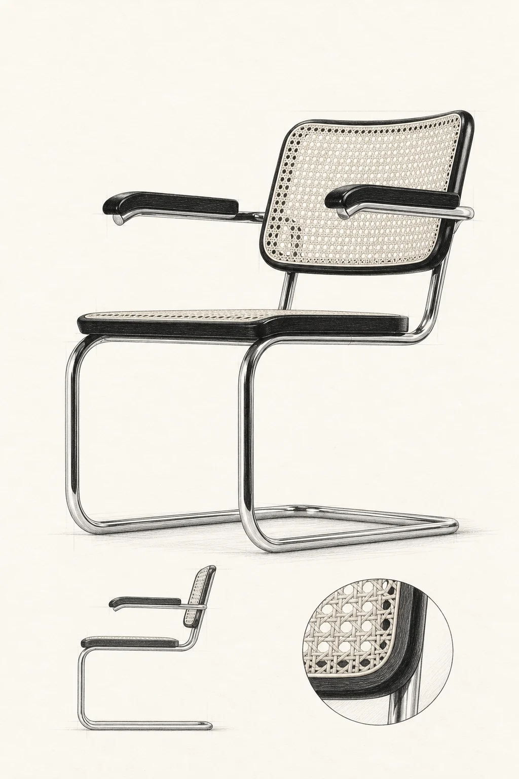 An annotated graphite study of Marcel Breuer’s S 64 cane armchair.