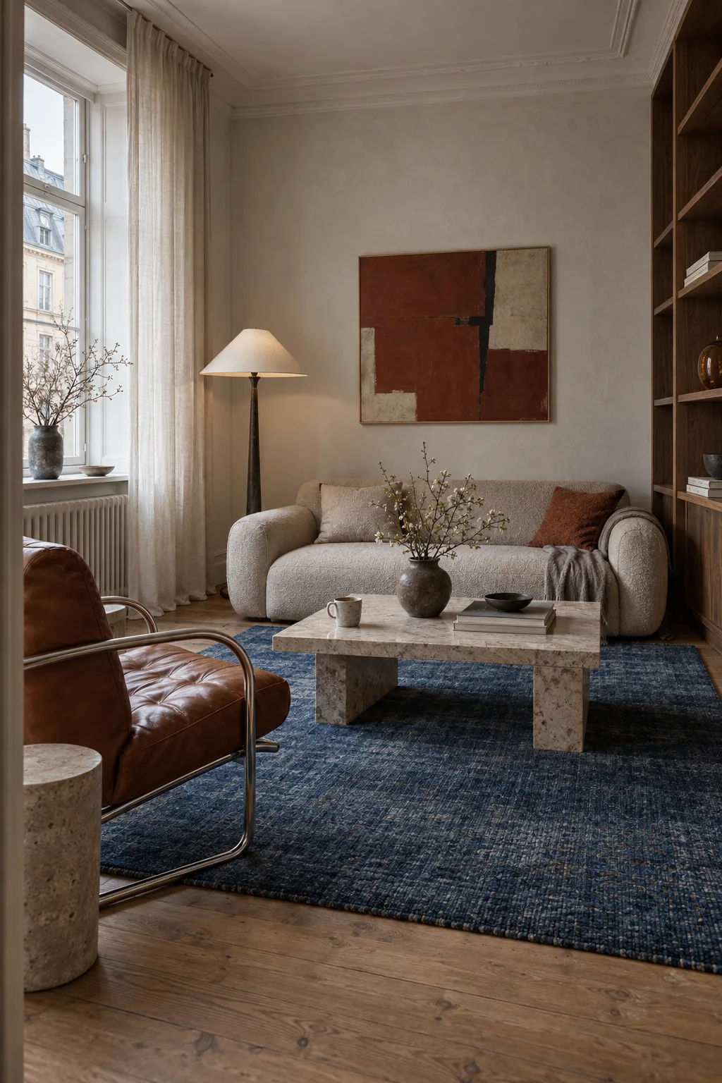 Curved cream sofa with a chrome and leather chair and blue rug.
