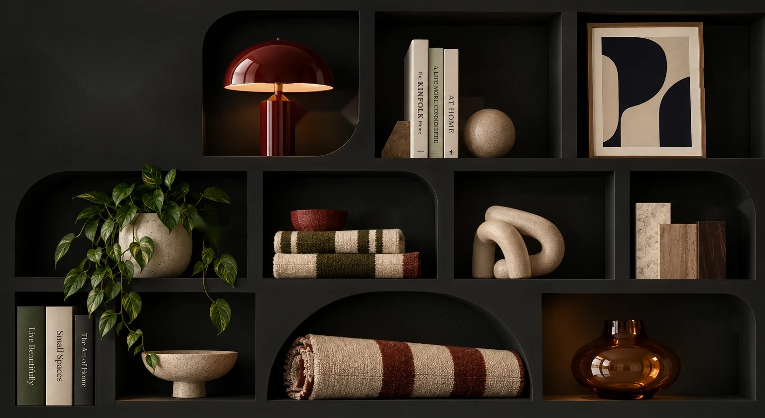 A dark wall of recessed niches holding a red lamp, books, a framed print, a trailing plant, striped textiles, a sculpture, wood samples, a rolled rug and an amber glass vase.