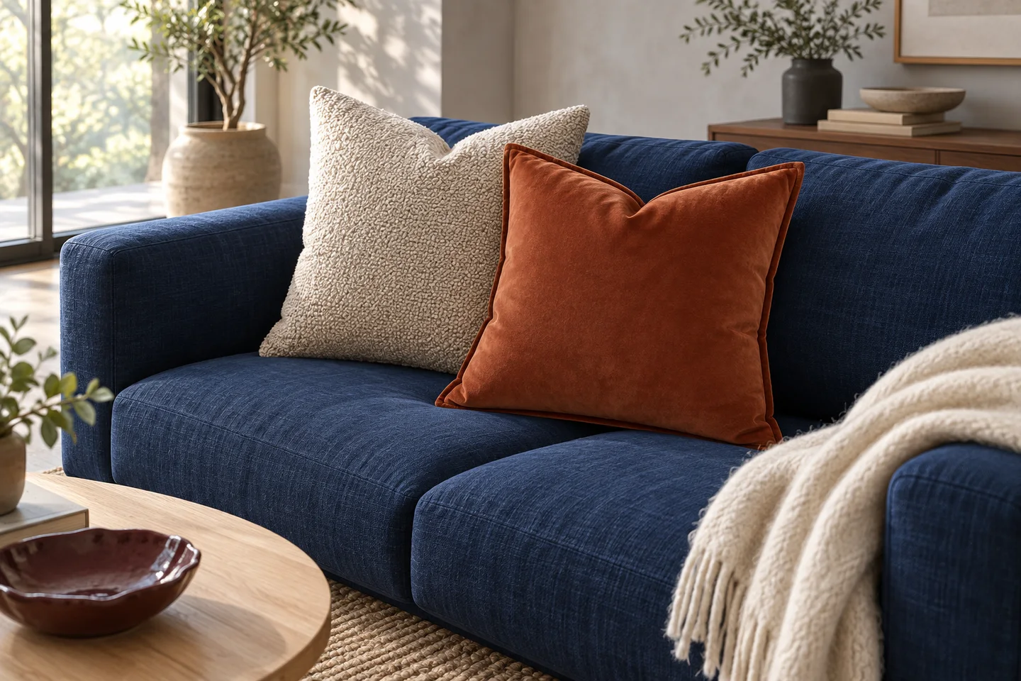 A contemporary sofa styled with contrasting textured cushions and warm wood details.