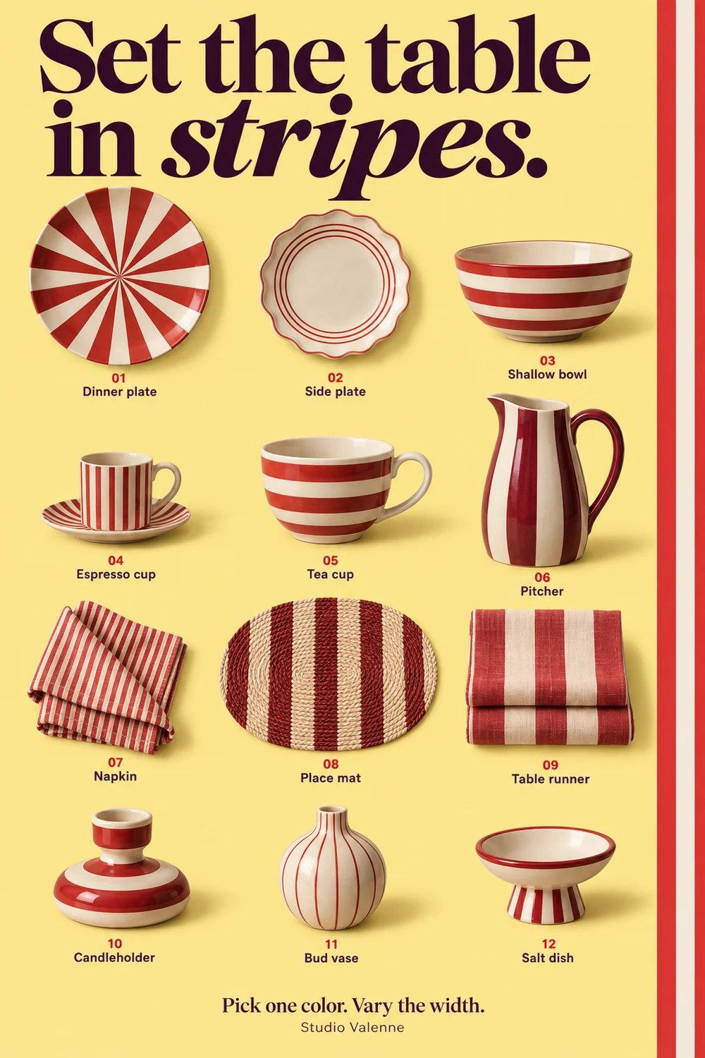 Twelve red-and-cream tableware and linen concepts in a four-by-three grid on butter yellow, with varied stripe widths.