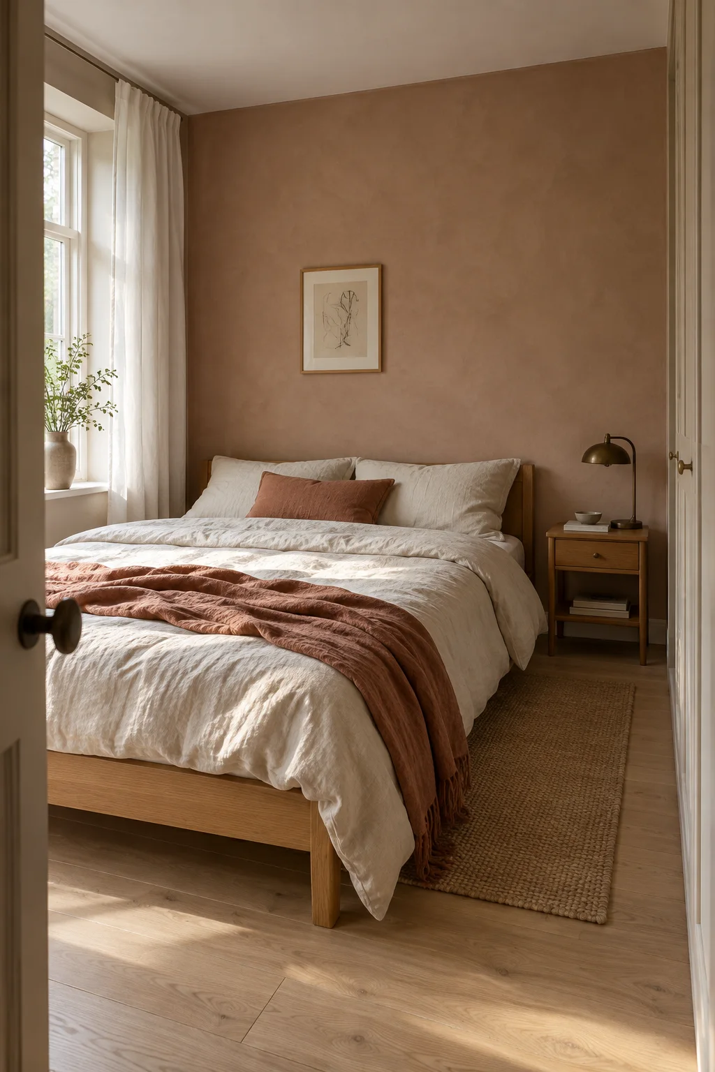 Oak bed with cream linen and a terracotta throw in a warm bedroom.