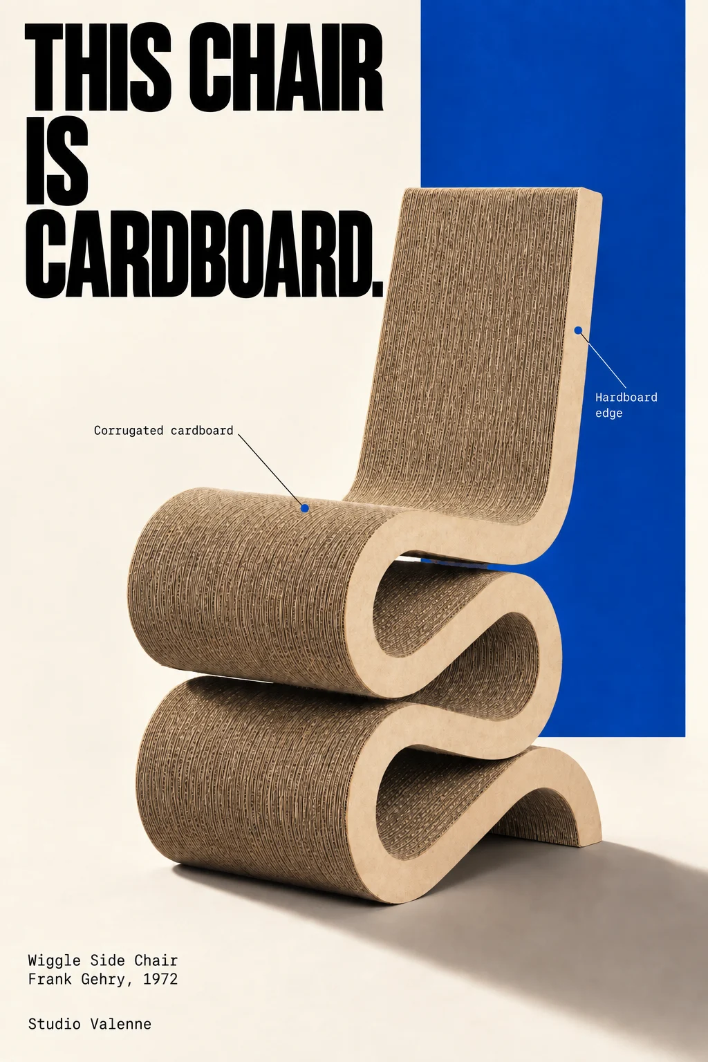 An illustrated material study of Frank Gehry’s Wiggle Side Chair, with labels for corrugated cardboard and the hardboard edge.