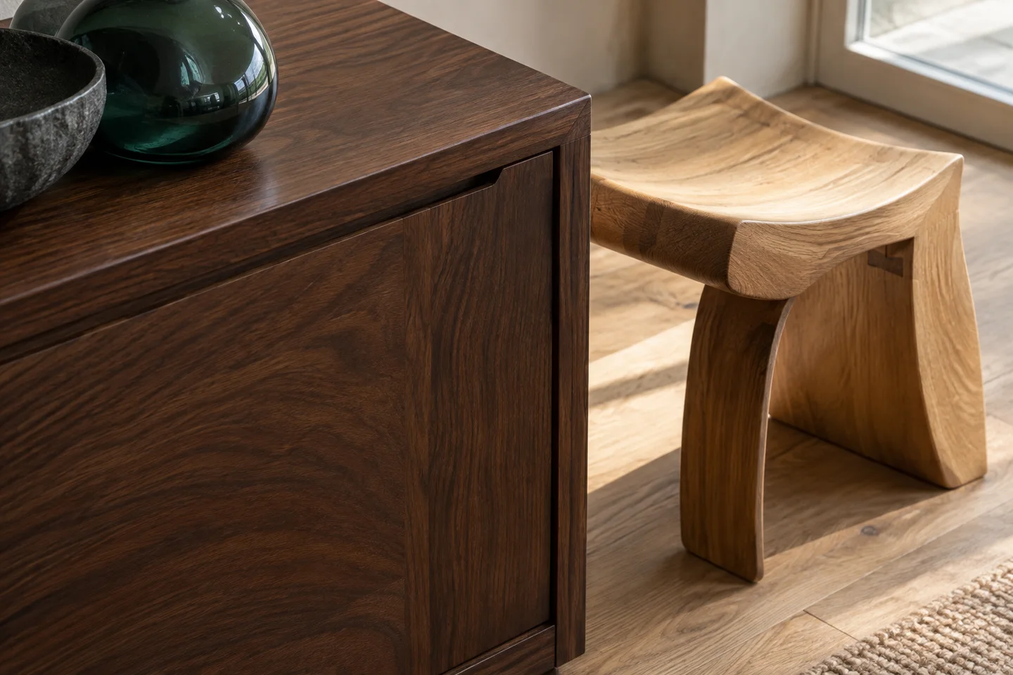 Close-up of dark walnut furniture, pale oak flooring and a curved wooden stool.